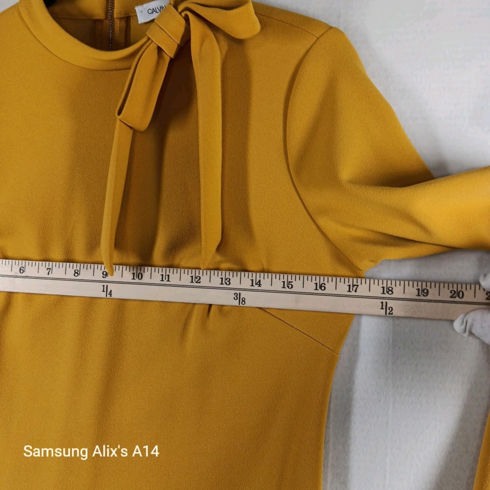 Calvin Klein Dress Women Sz 4 Mustard Crepe Bow Retro Glam Royal Secretary $134 - Picture 6 of 9